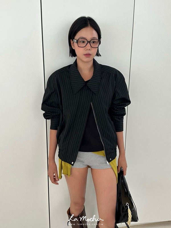弧形口袋墊肩夾克外套